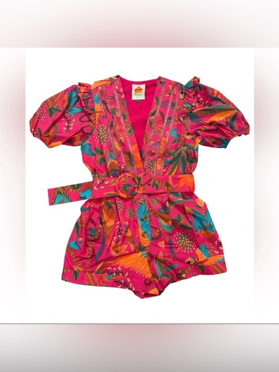 FARM Rio Pants - FARM Rio Macaw Party Pink Belted Puff Sleeve Romper